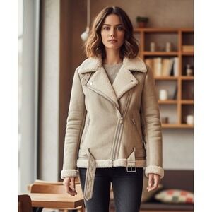 Zara Faux Leather‎ Fleece Coat Womens XL Double Faced Biker Aviator Jacket Boho